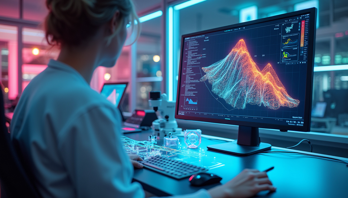  Futuristic workspace showcasing digital simulations and hands-on prototype validation processes with precision instruments