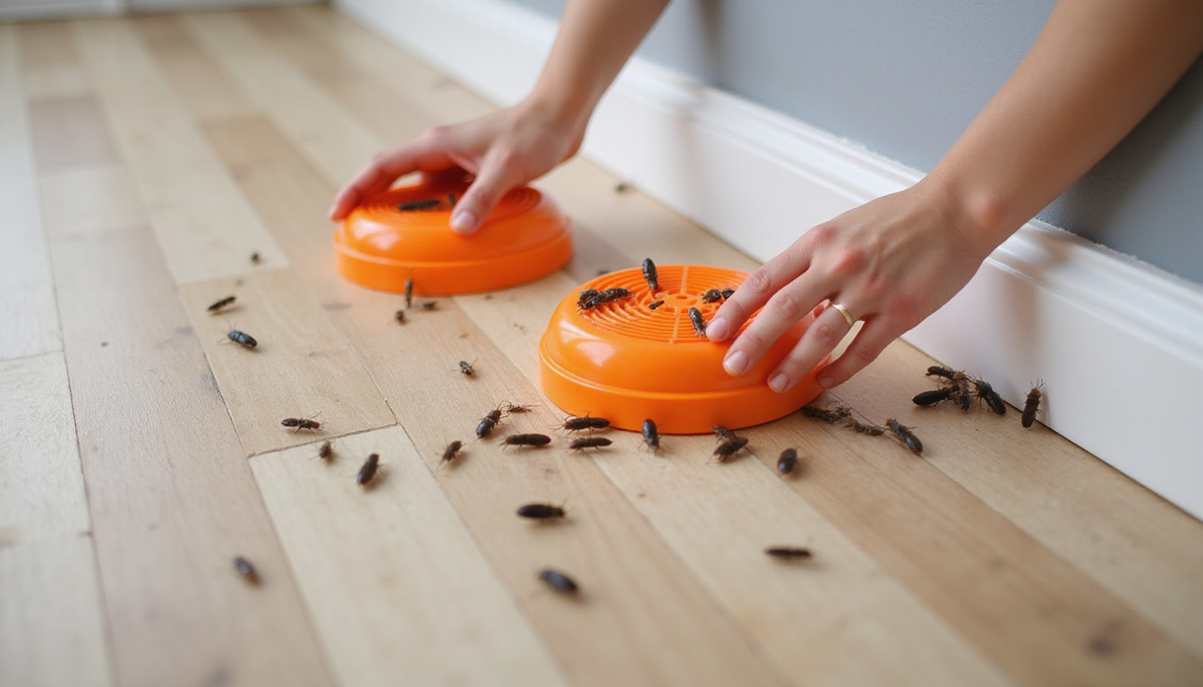  Hands placing multiple roach bait stations around home baseboards, clean environment