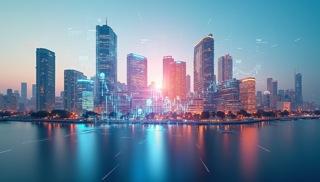  Modern cityscape with digital overlays showing property valuations and analytics charts