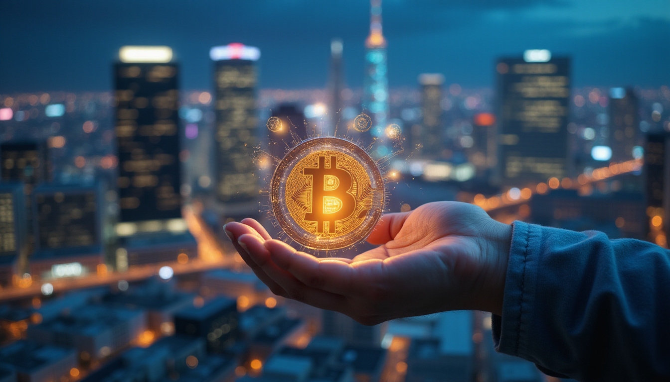  Hand holding digital token, futuristic city background, holographic investment charts, glowing crypto symbols