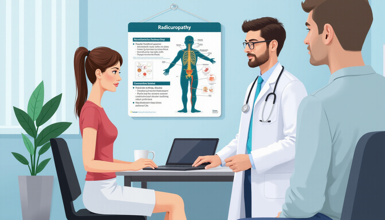  doctor consulting patient, illustrating radiculopathy symptoms and treatment options with medical charts