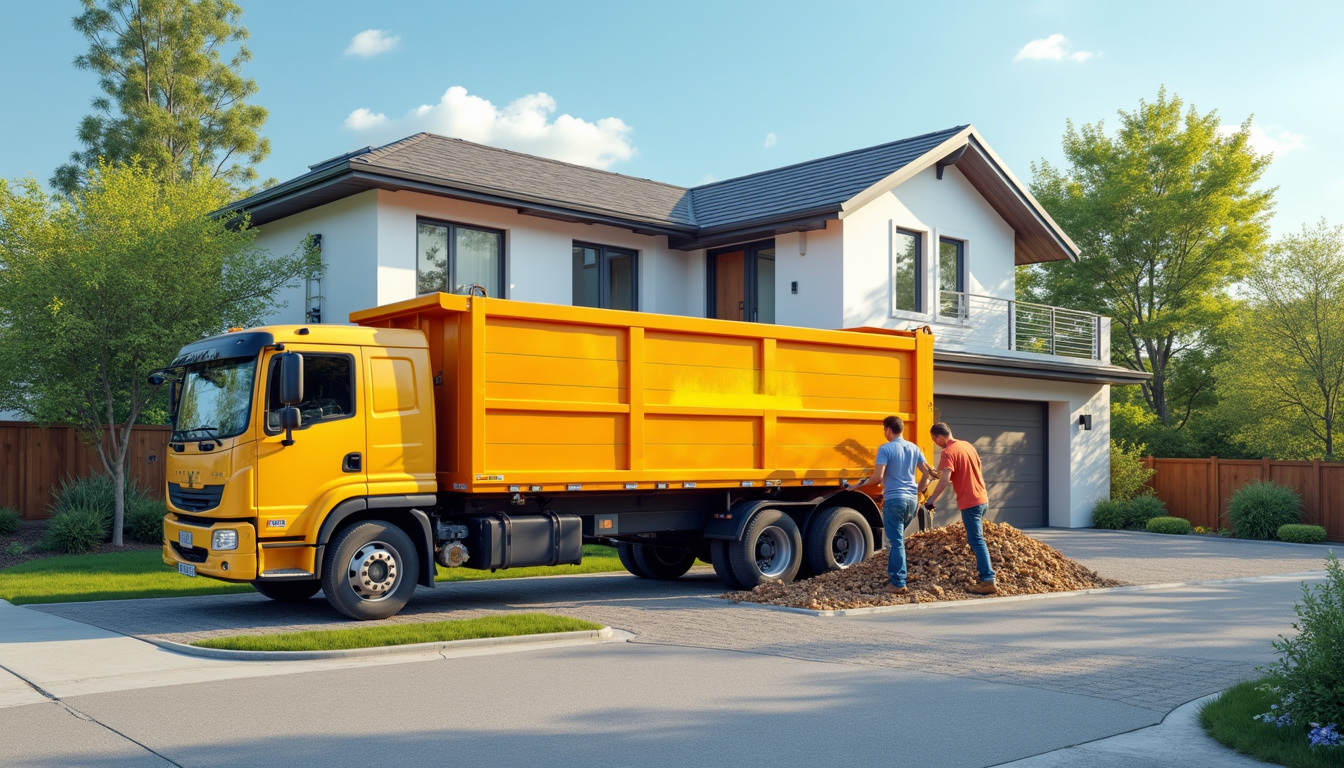 Friendly dumpster rental truck parked outside a modern home, workers loading debris efficiently, clear sky