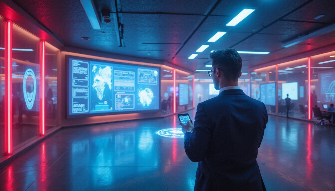 futuristic AI call center, holographic screens, seamless communication, vibrant colors
