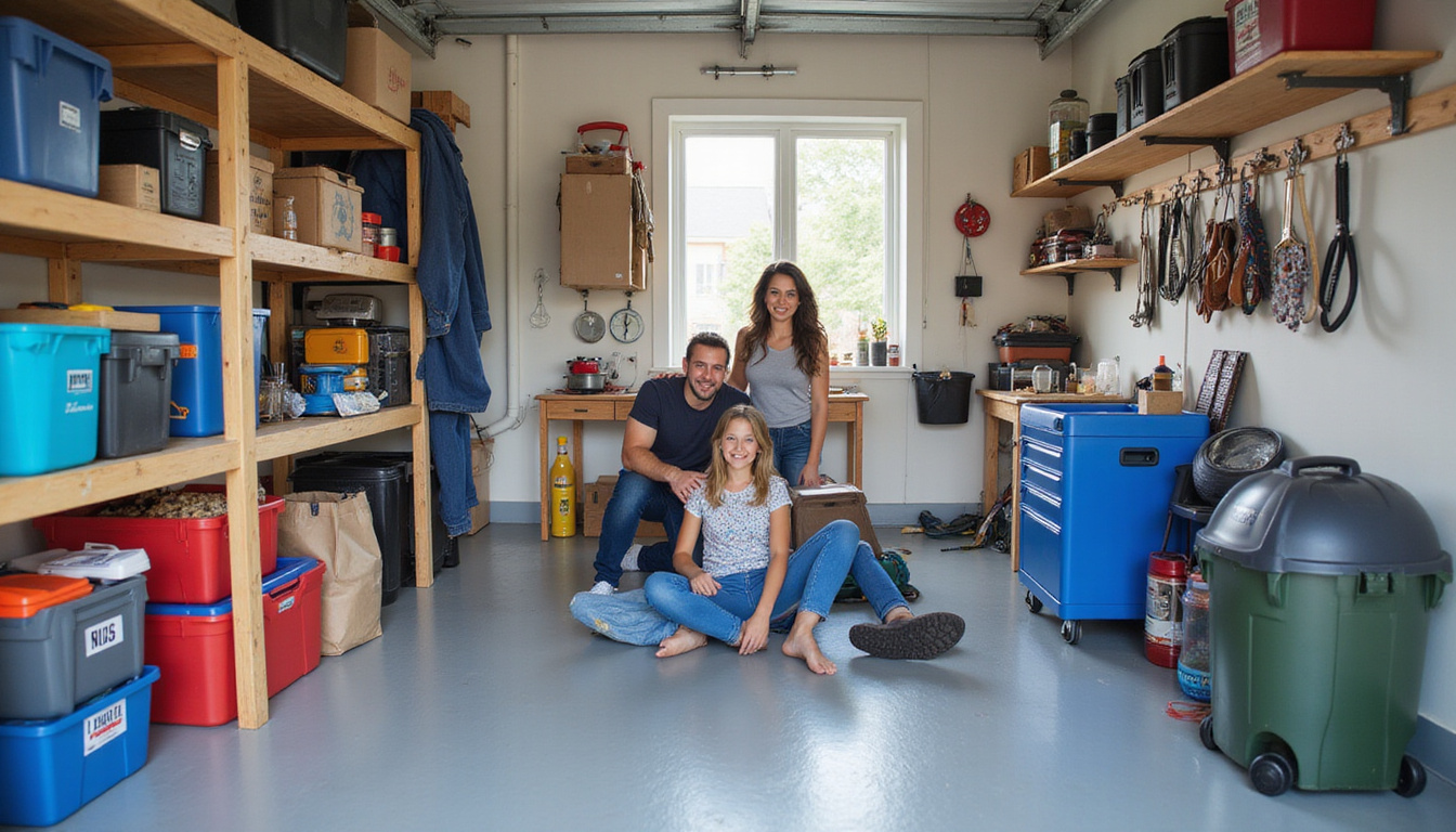  Organized garage cleanup with labeled bins and smiling family in bright home