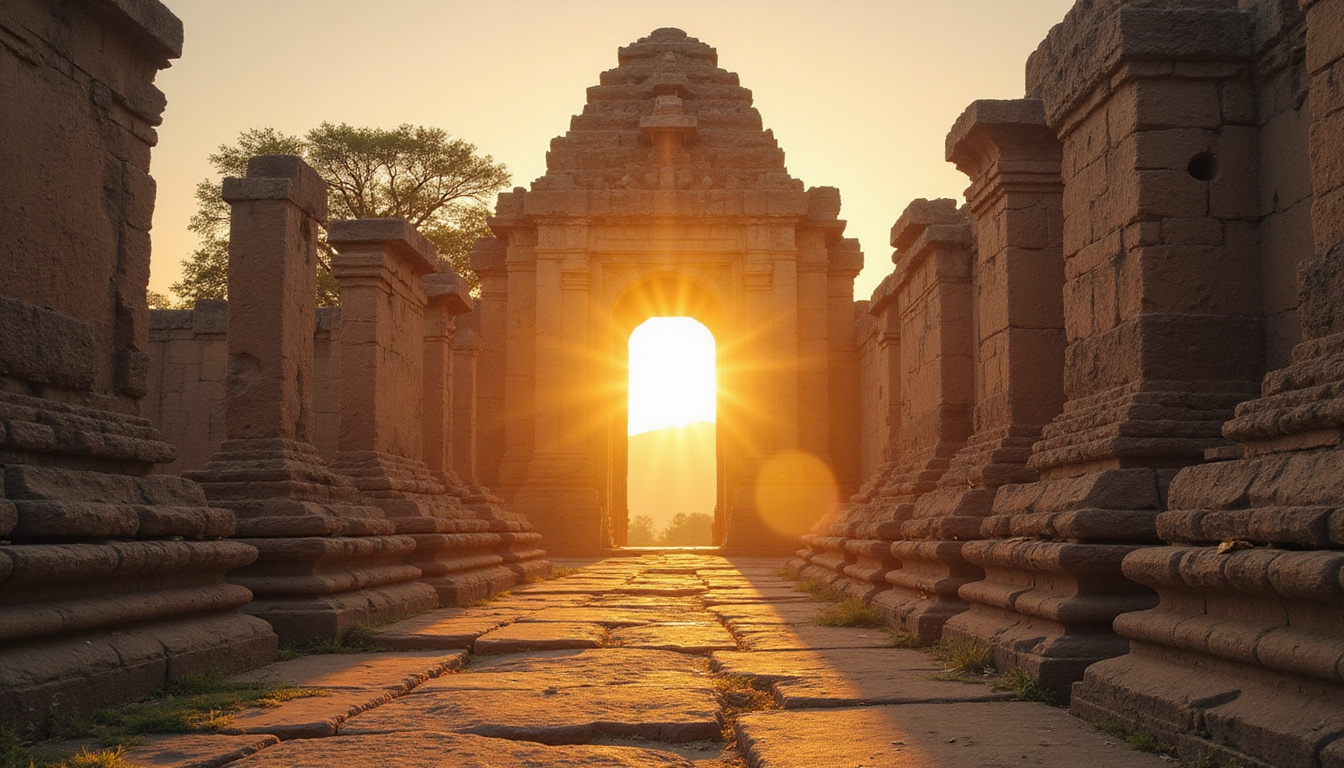  Ancient temple ruins bathed in soft golden light, symbolizing inner peace and personal growth journey