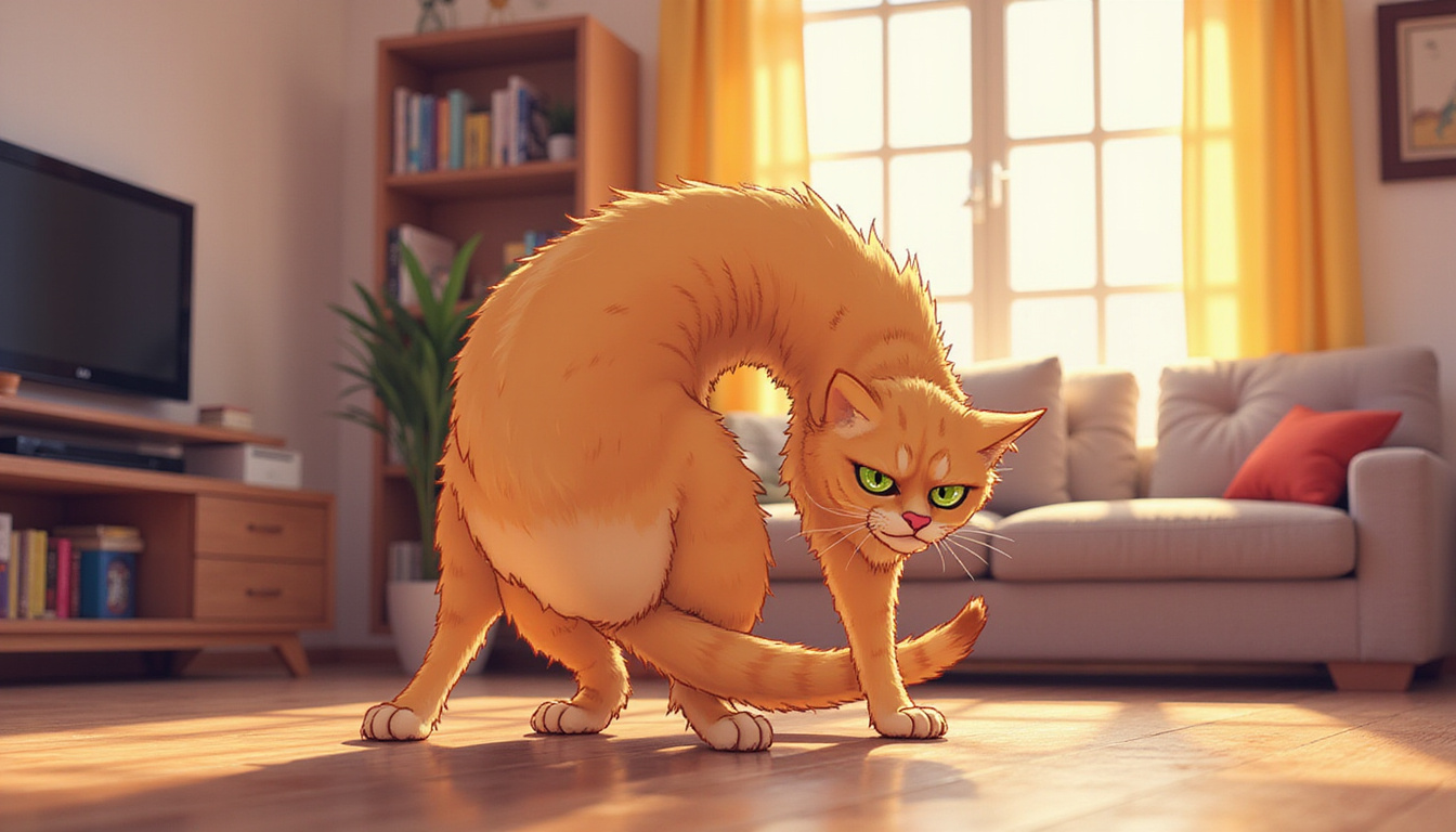 angry cat arching back in a living room, territorial stare, intense eyes 