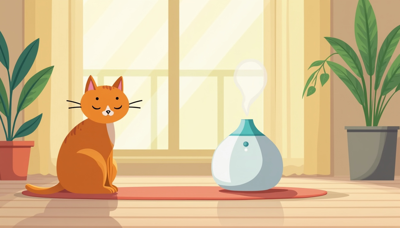  calm cat with calming pheromone diffuser, peaceful home environment, relaxed behavior