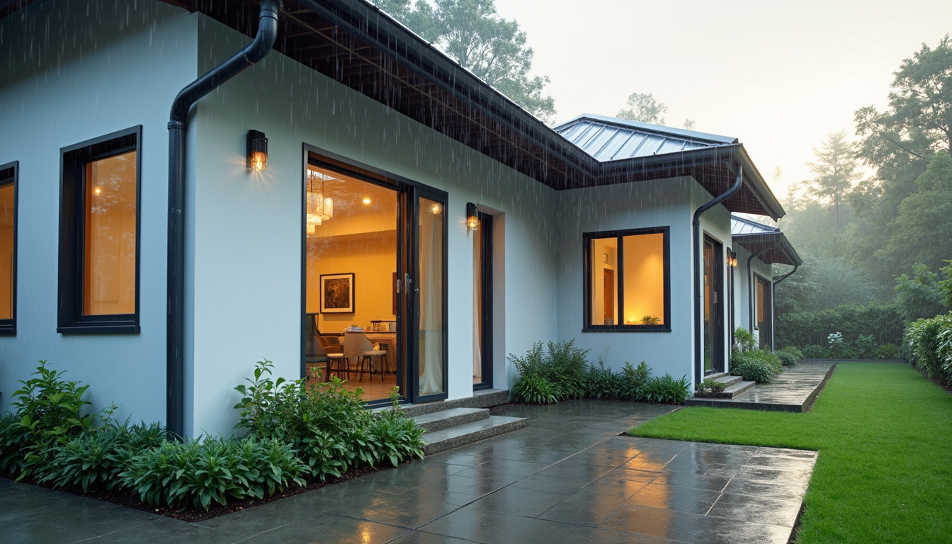  House exterior with drainage systems, gutters, and protective waterproof coatings on walls, rainy weather