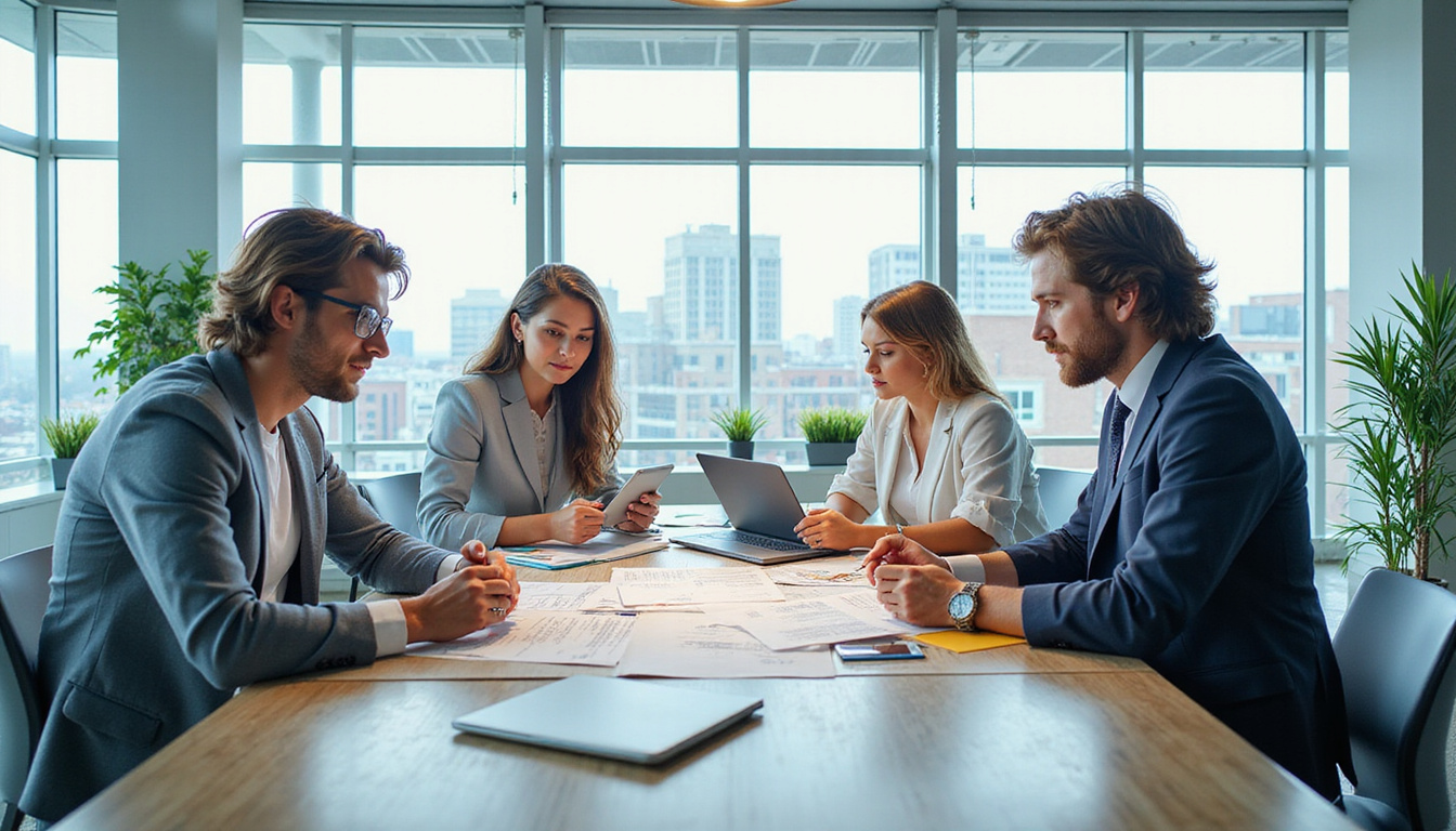 Busy small business team collaborating over federal contract documents, modern office setting, digital tablets and laptops
