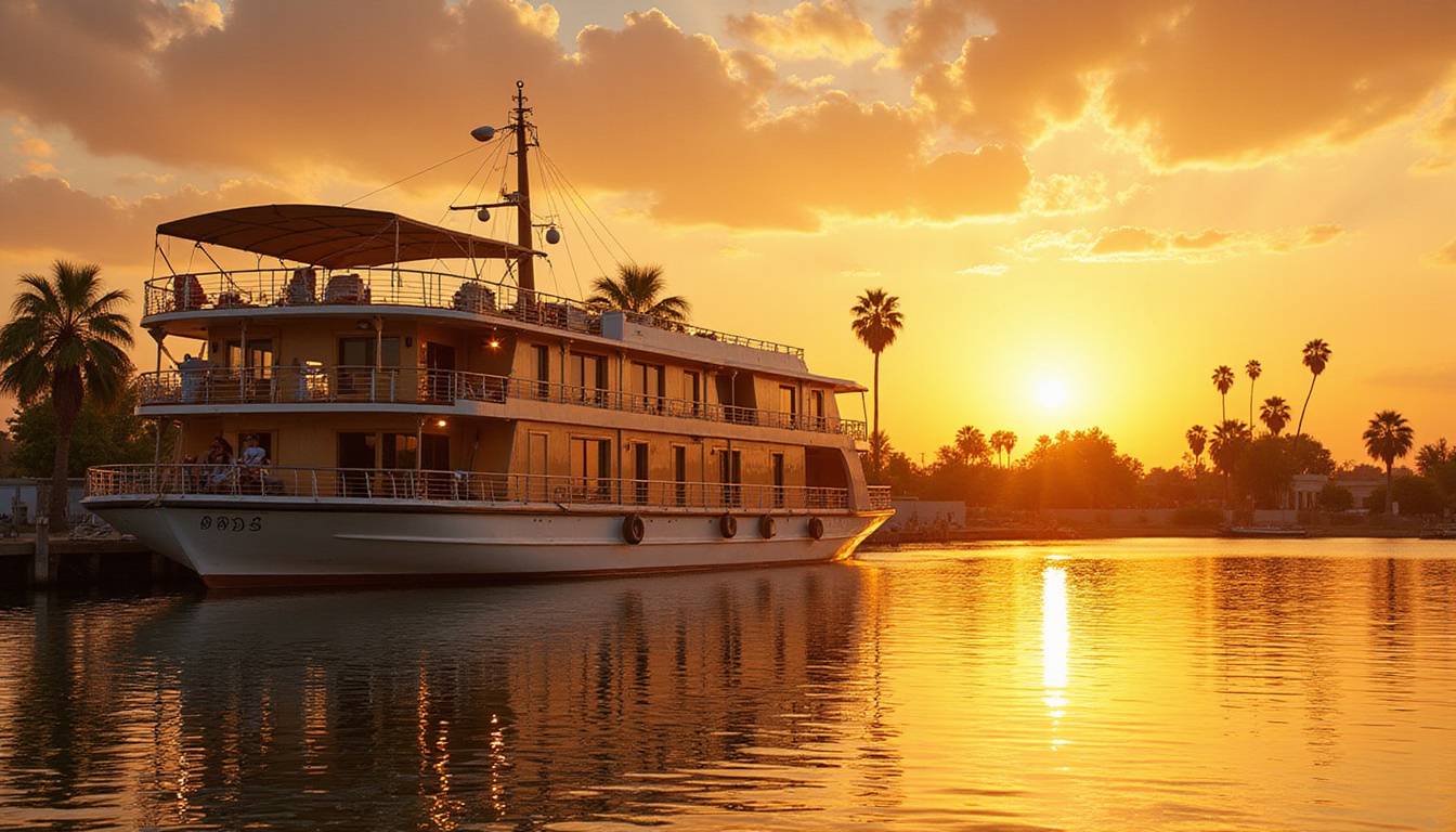  lavish Nile cruise ship with opulent decks, golden sunset reflecting on calm water, palm trees swaying