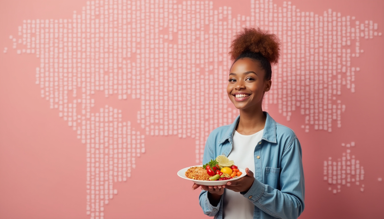  happy person holding low-carb food, medical symbols, epilepsy awareness background
