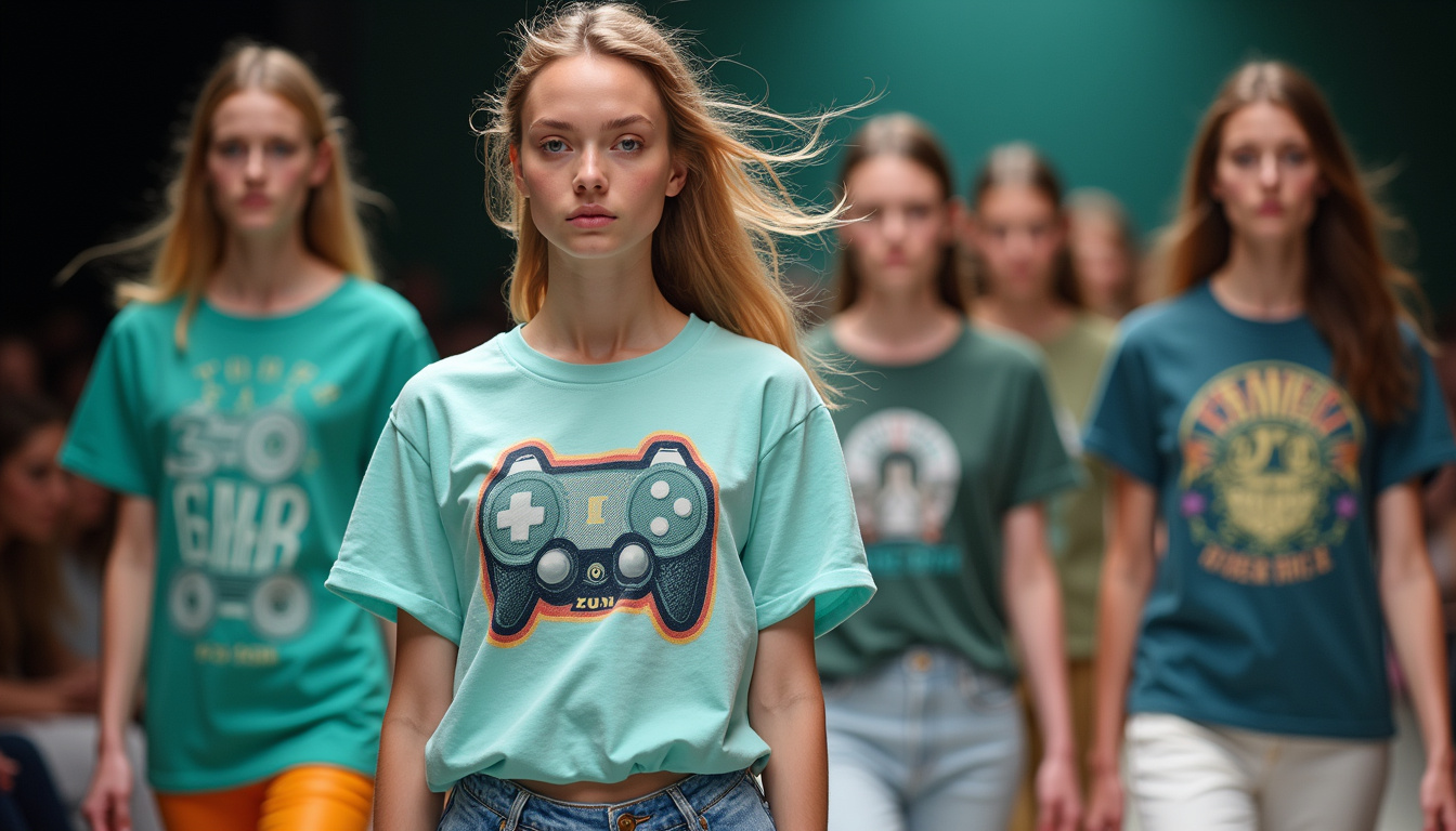  Trendy sustainable fashion runway with models wearing eco-conscious t-shirts and recycled materials