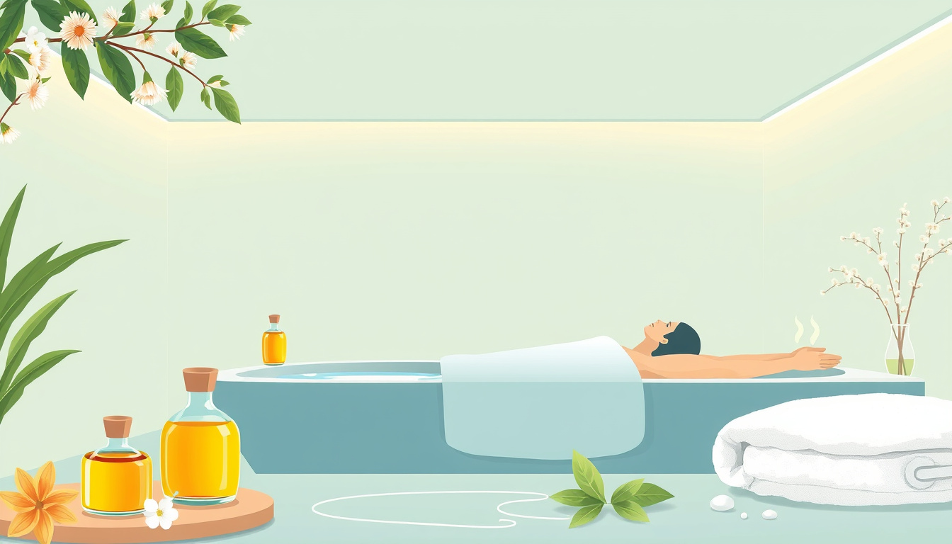  serene spa setting with natural oils, warm compresses, and healthy joints illustration