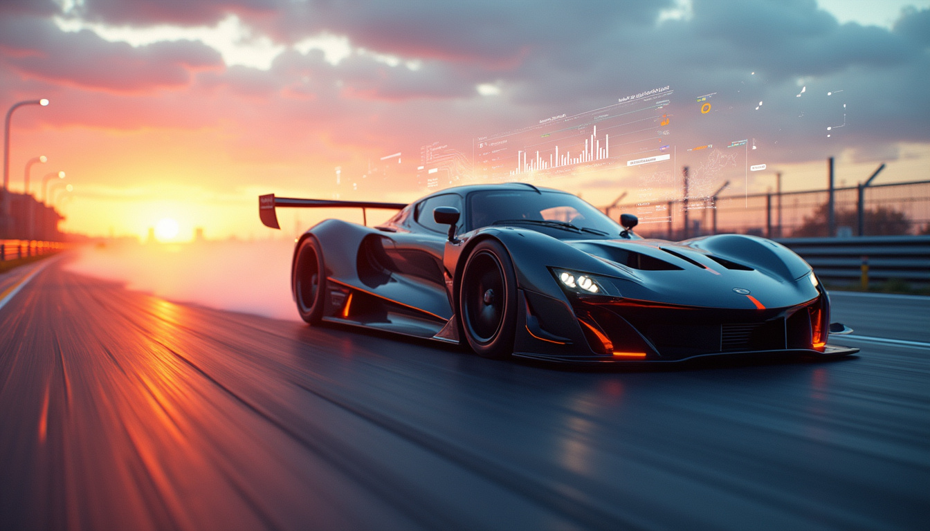  Sleek race car speeding on track with dynamic strategy overlays and performance metrics, sunset background