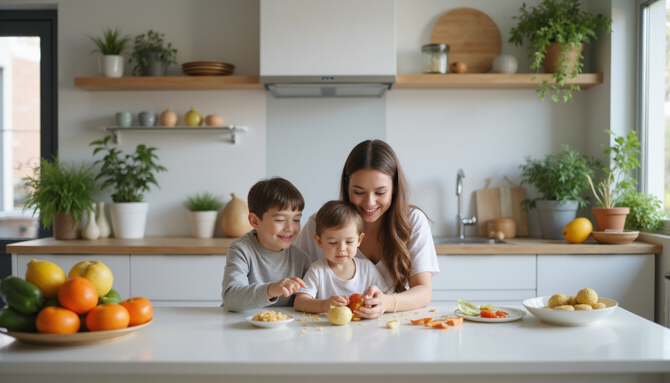  Happy family in spotless, pest-free modern home kitchen