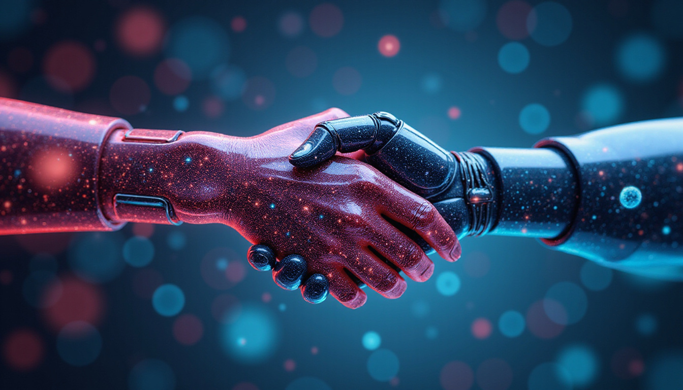  human and AI handshake symbolizing trust and ethical collaboration in technology development