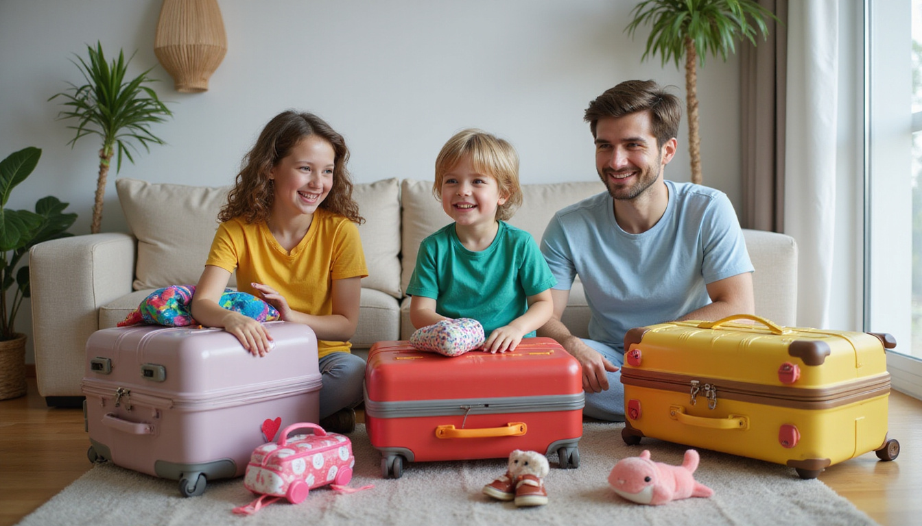  Smiling family packing suitcases, colorful travel essentials, cheerful home setting