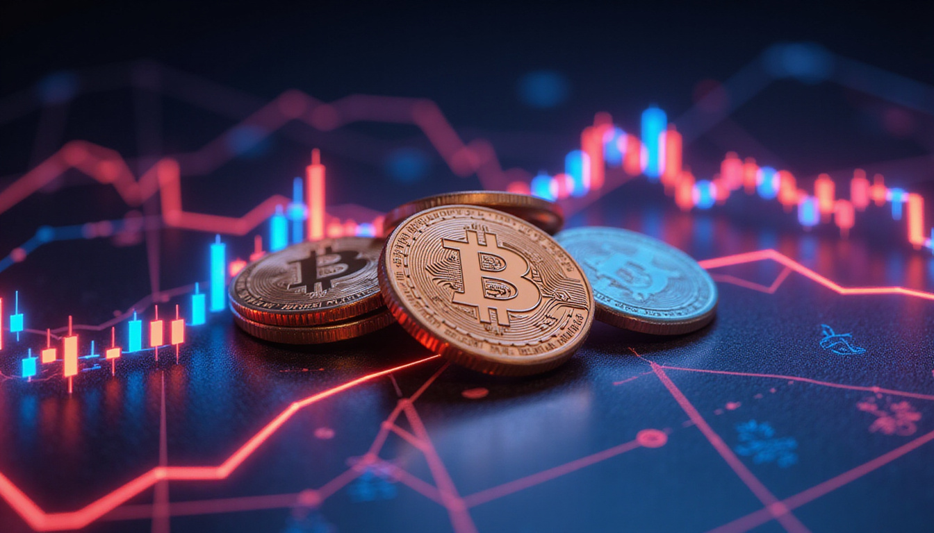  vibrant cryptocurrency coins floating above dynamic graphs, abstract tech background with glowing arrows