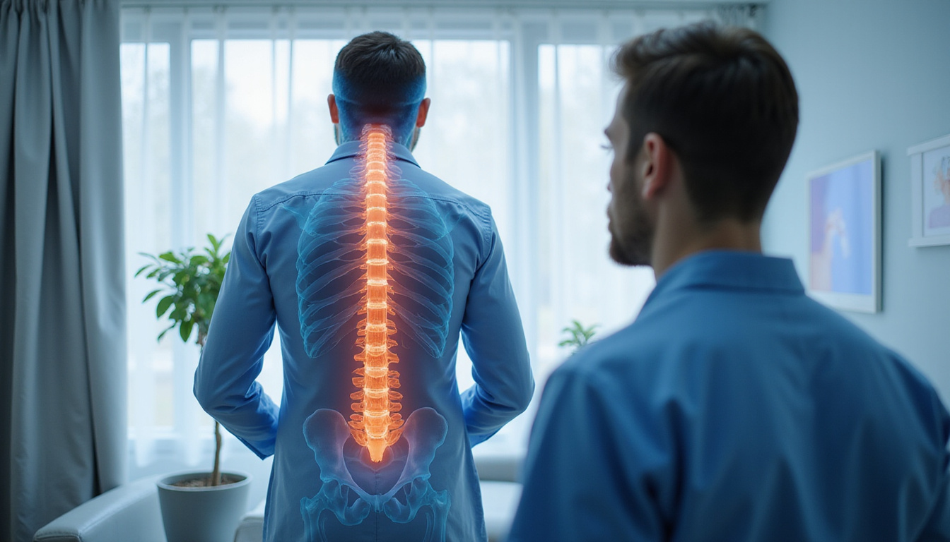  doctor showing spine anatomy to patient in modern clinic room