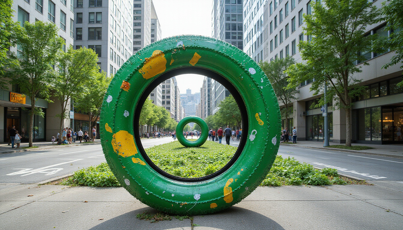 creative scrap tire art installations in urban spaces, green cityscape with recycling symbols and sustainability vibes