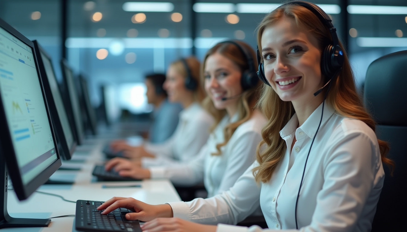 sleek office environment showing automated phone systems boosting customer service efficiency, happy agents observing