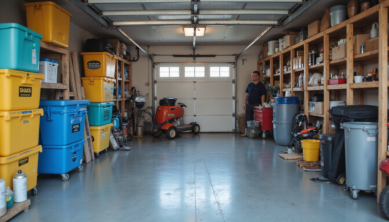  Organized garage cleanup with labeled bins and professional junk haulers in uniforms