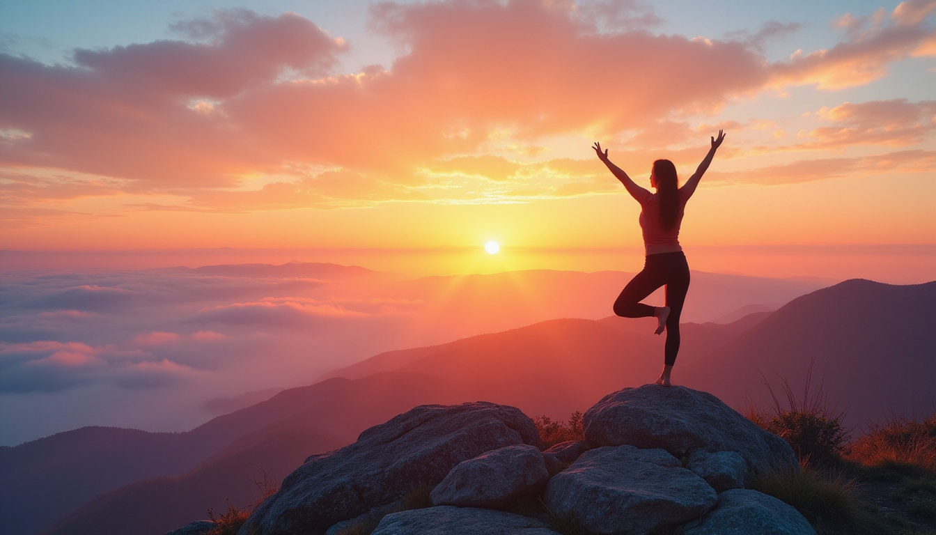  Tranquil yoga pose atop mountain at sunrise, ethereal colors, peaceful aura, spiritual energy flowing
