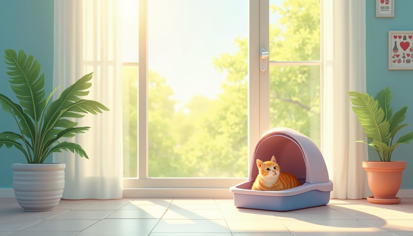 Clean modern home with a cat litter box in pristine condition, sunlight streaming through windows 