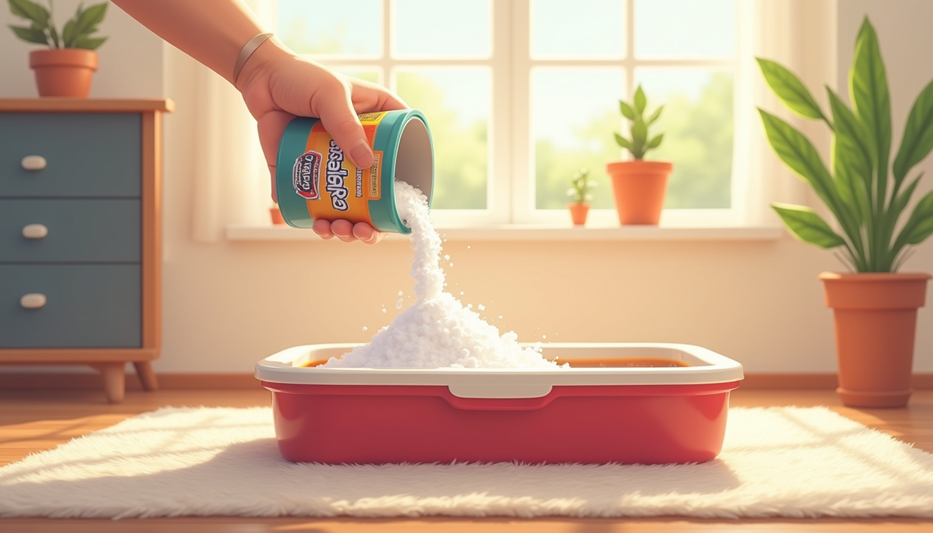  Close-up of hands adding baking soda to a stylish cat litter box inside a bright, tidy living room