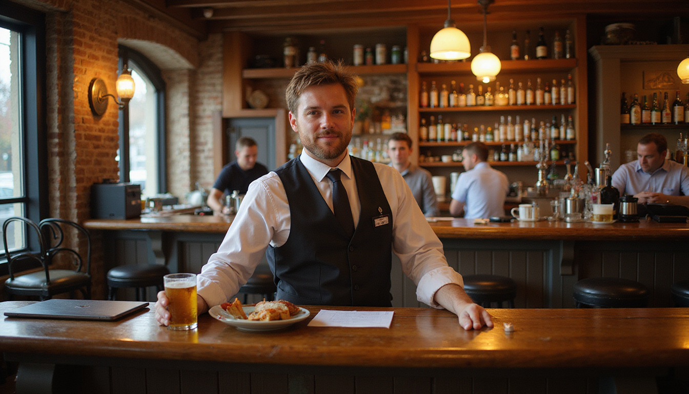 confident server stepping in to prevent over-serving, attentive bar manager, cozy pub atmosphere