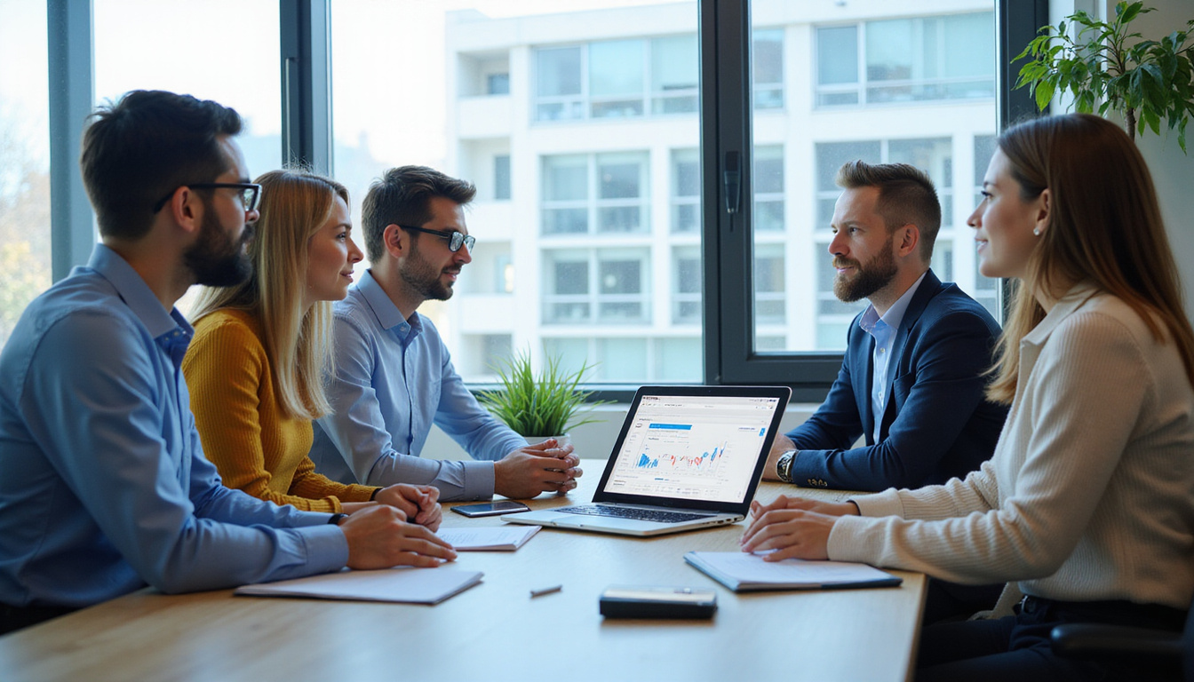  close-up of diverse team discussing government procurement forecast, digital charts, modern office setting