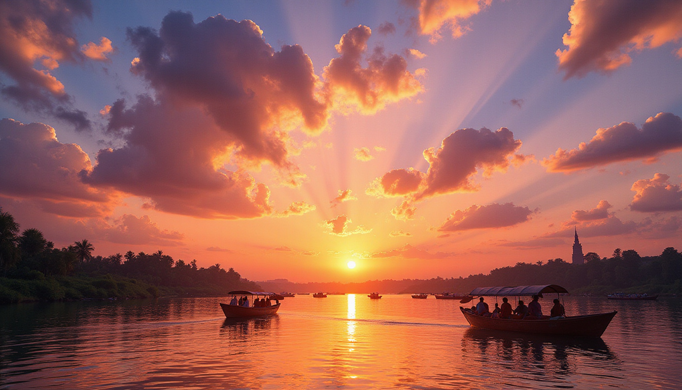  serene Nile River at sunset with colorful sky, traditional boats, lush riverbanks, warm ambient glow