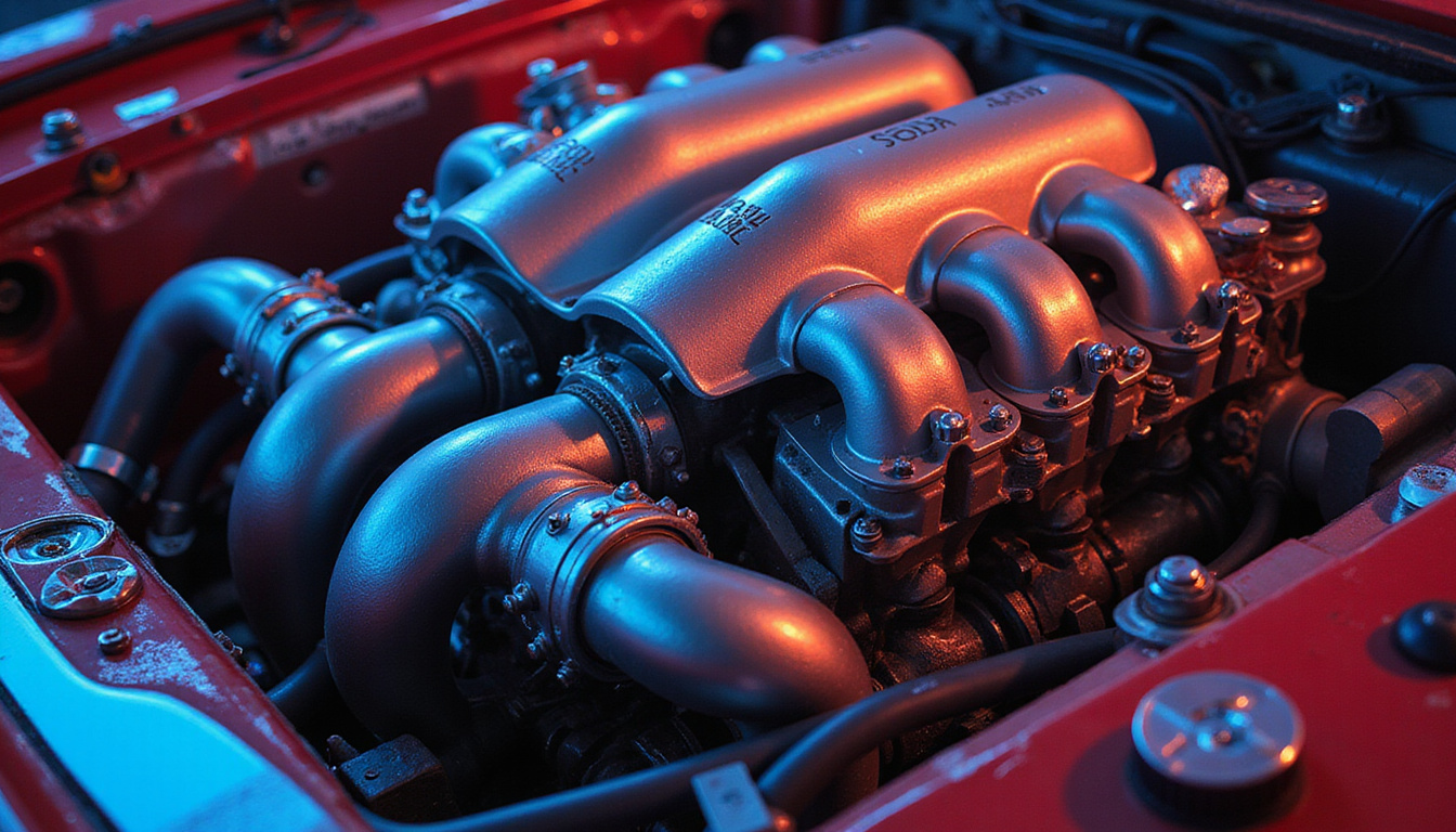  detailed close-up of high-tech turbocharged racecar engine parts glimmering under bright lights