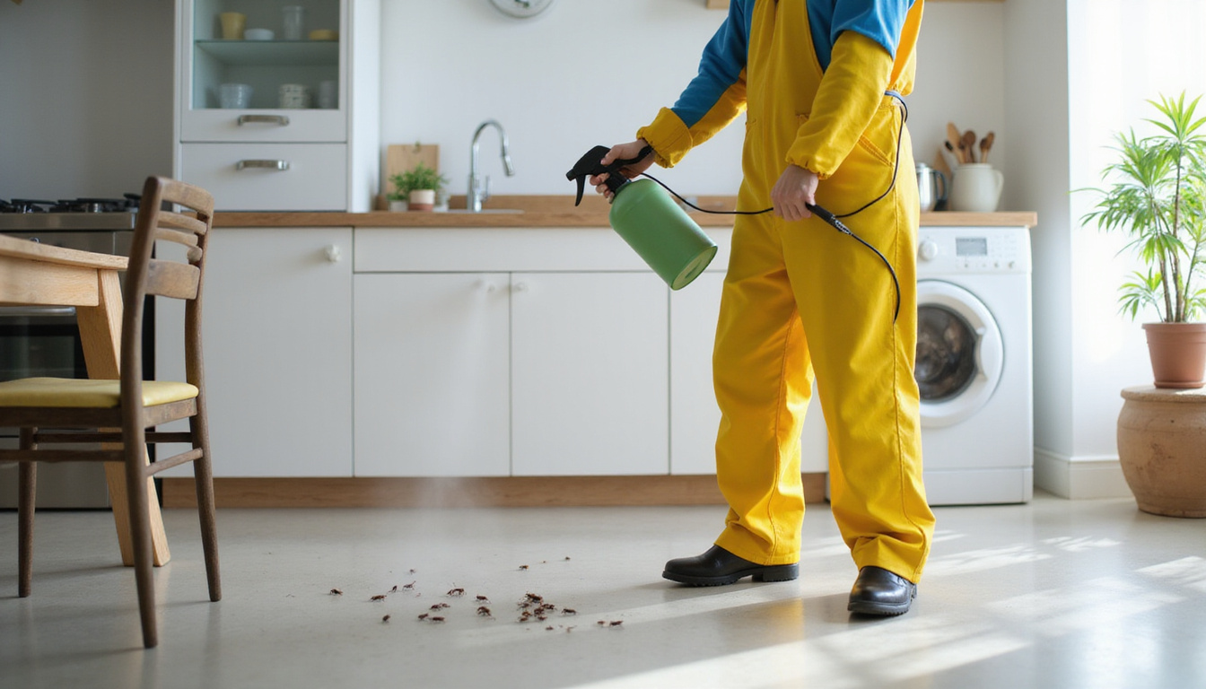pest control professional spraying insecticide in a kitchen against roaches