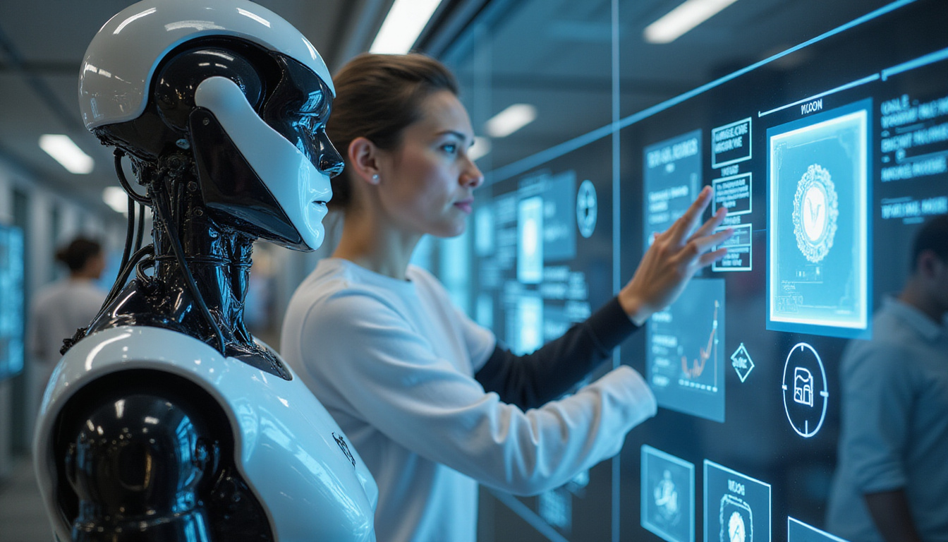  sleek robot assisting human with transparent data holograms, secure and friendly interaction environment