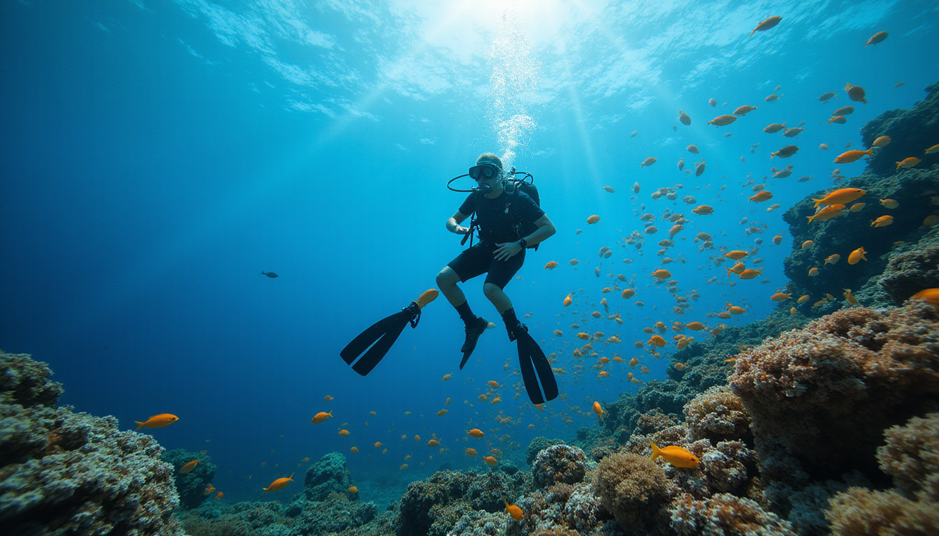  Scuba diver exploring Bali dive site, colorful fish swarming, serene ocean depths, exotic underwater landscape