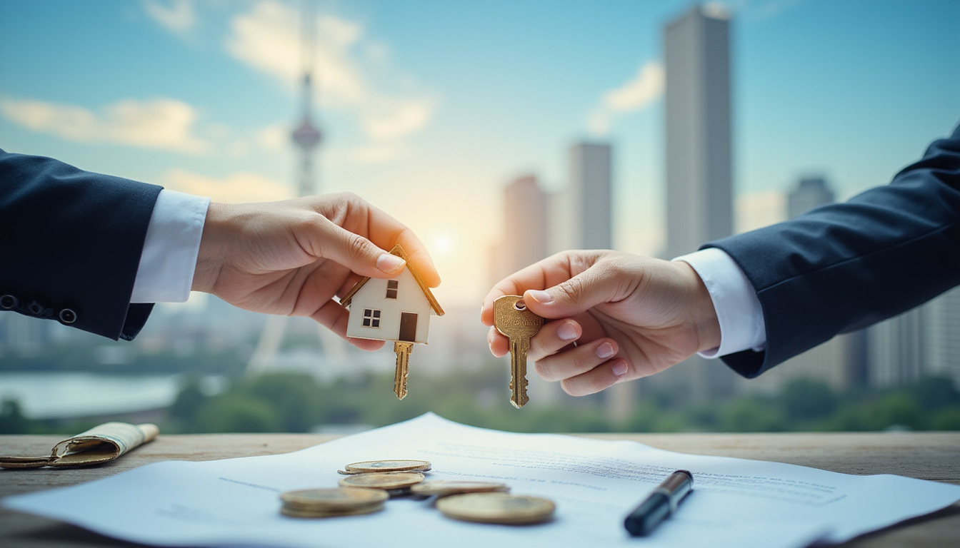  hands exchanging house keys over contract with city skyline and money symbols, professional business attire