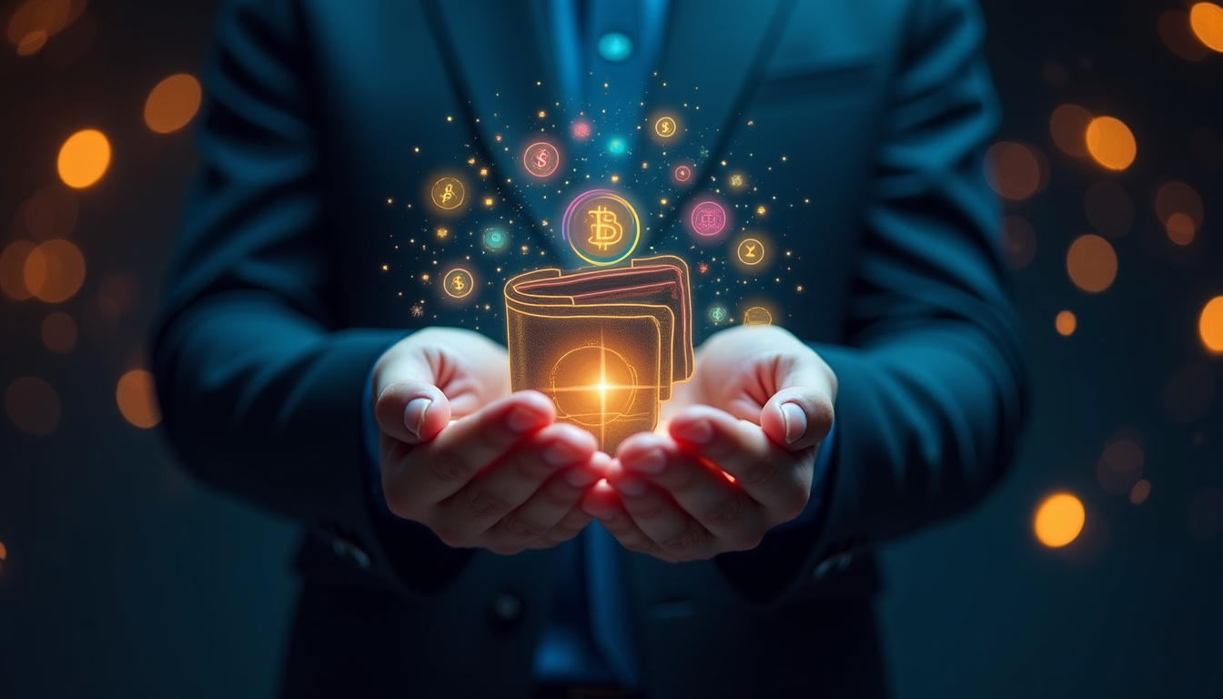  Hands holding holographic digital wallet surrounded by floating cryptocurrency symbols in dark room