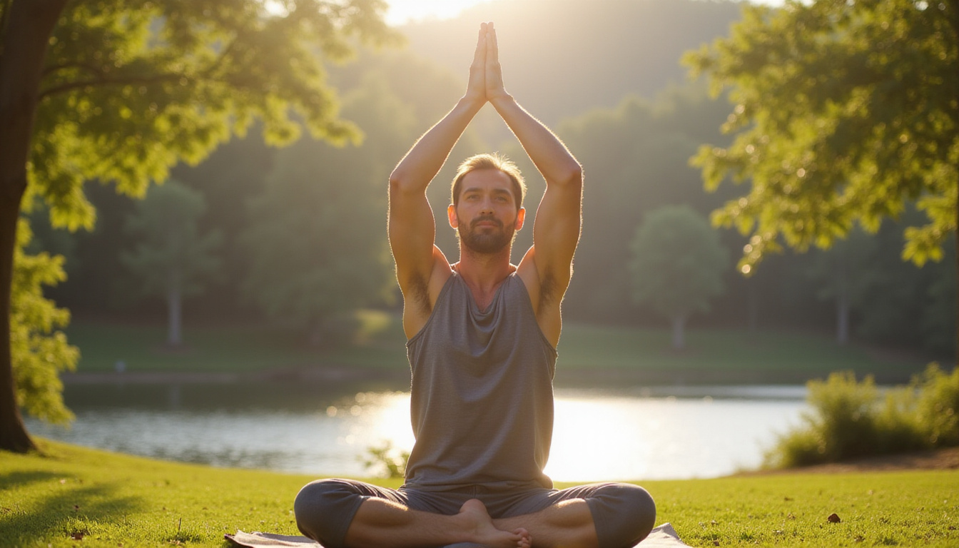  Senior practicing light yoga outdoors with serene nature background