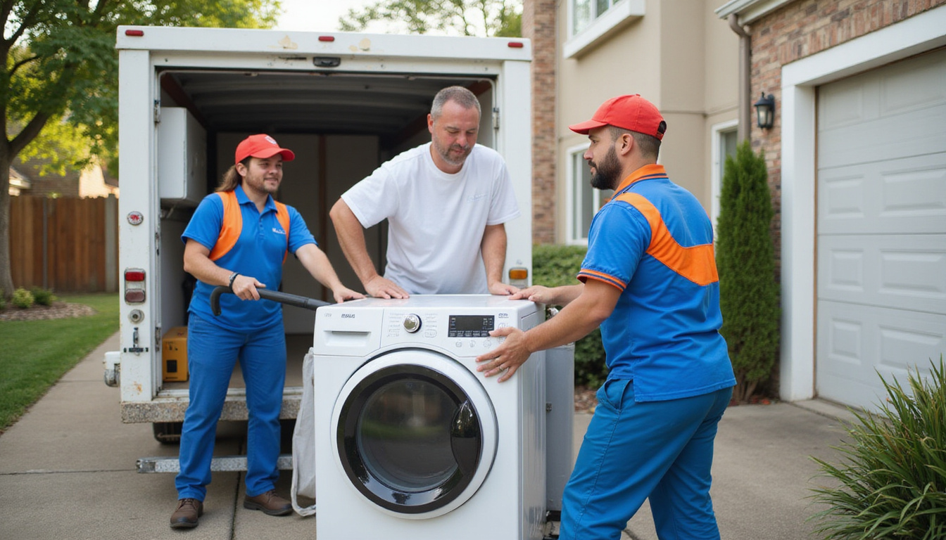 friendly workers carefully handling bulky appliances for pickup in neighborhood setting