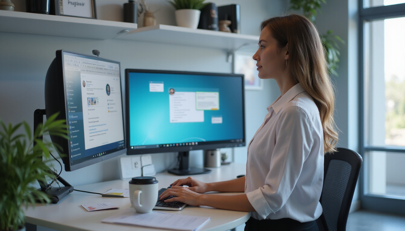 friendly virtual receptionist managing customer inquiries on sleek computer screens