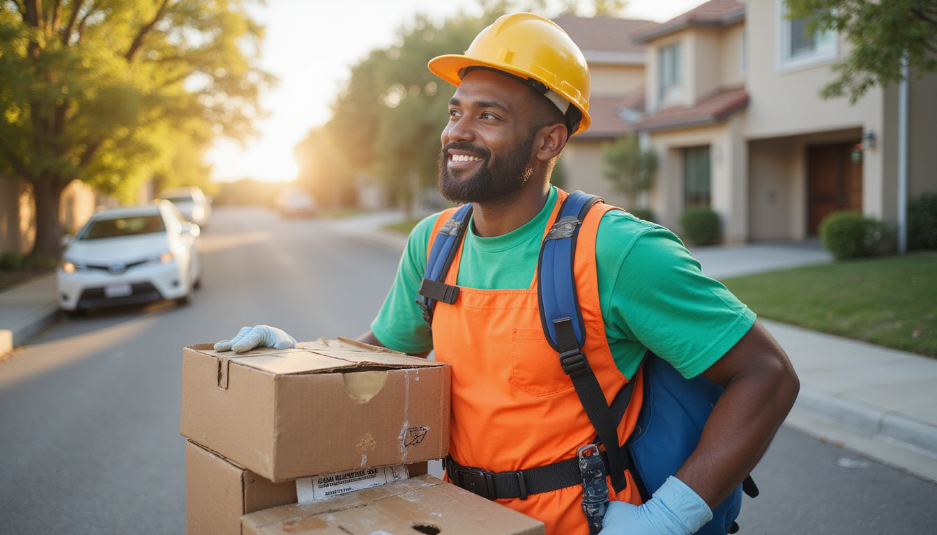  Friendly junk removal crew in action, San Diego neighborhood backdrop, bright sunlight