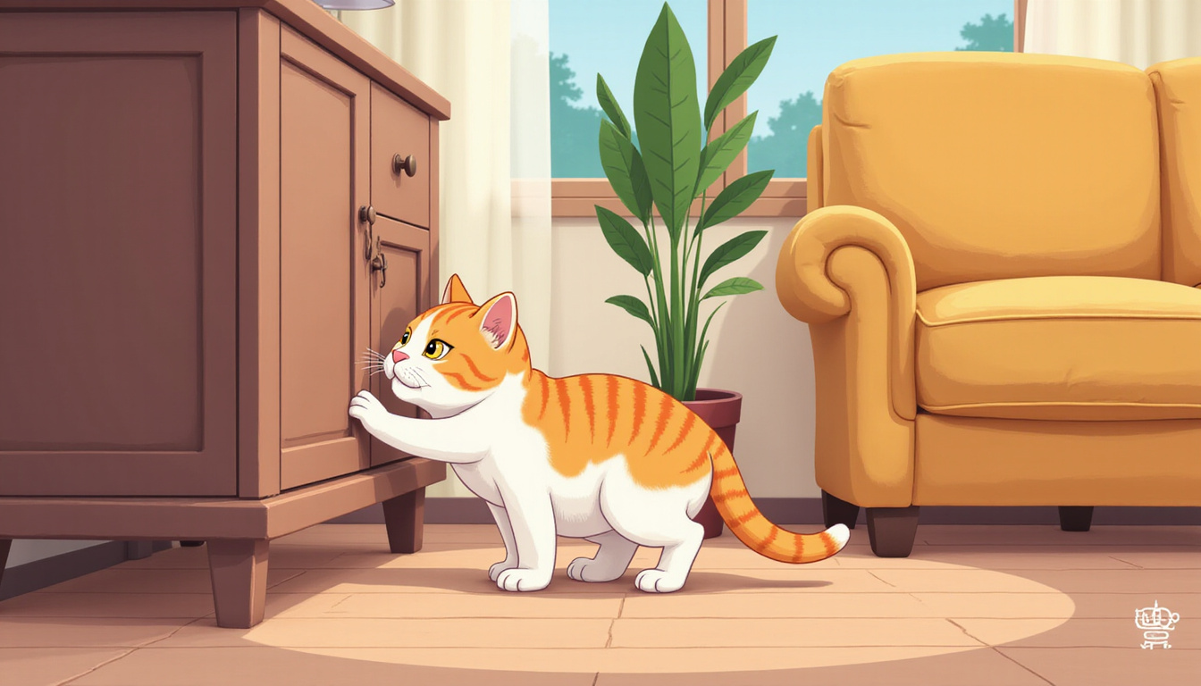 Curious cat rubbing scent glands against furniture in cozy home interior 