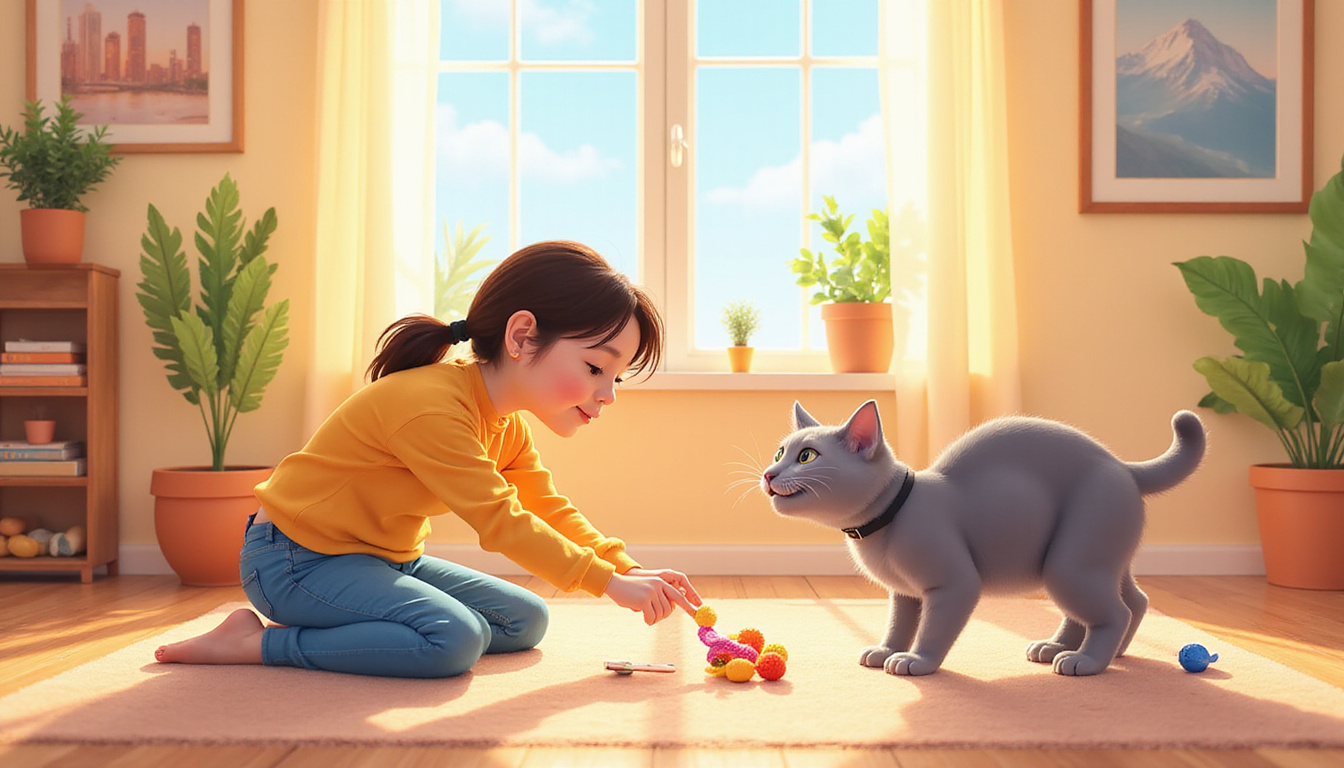  Cat owner calmly redirecting playful cat with toys in sunlit living room