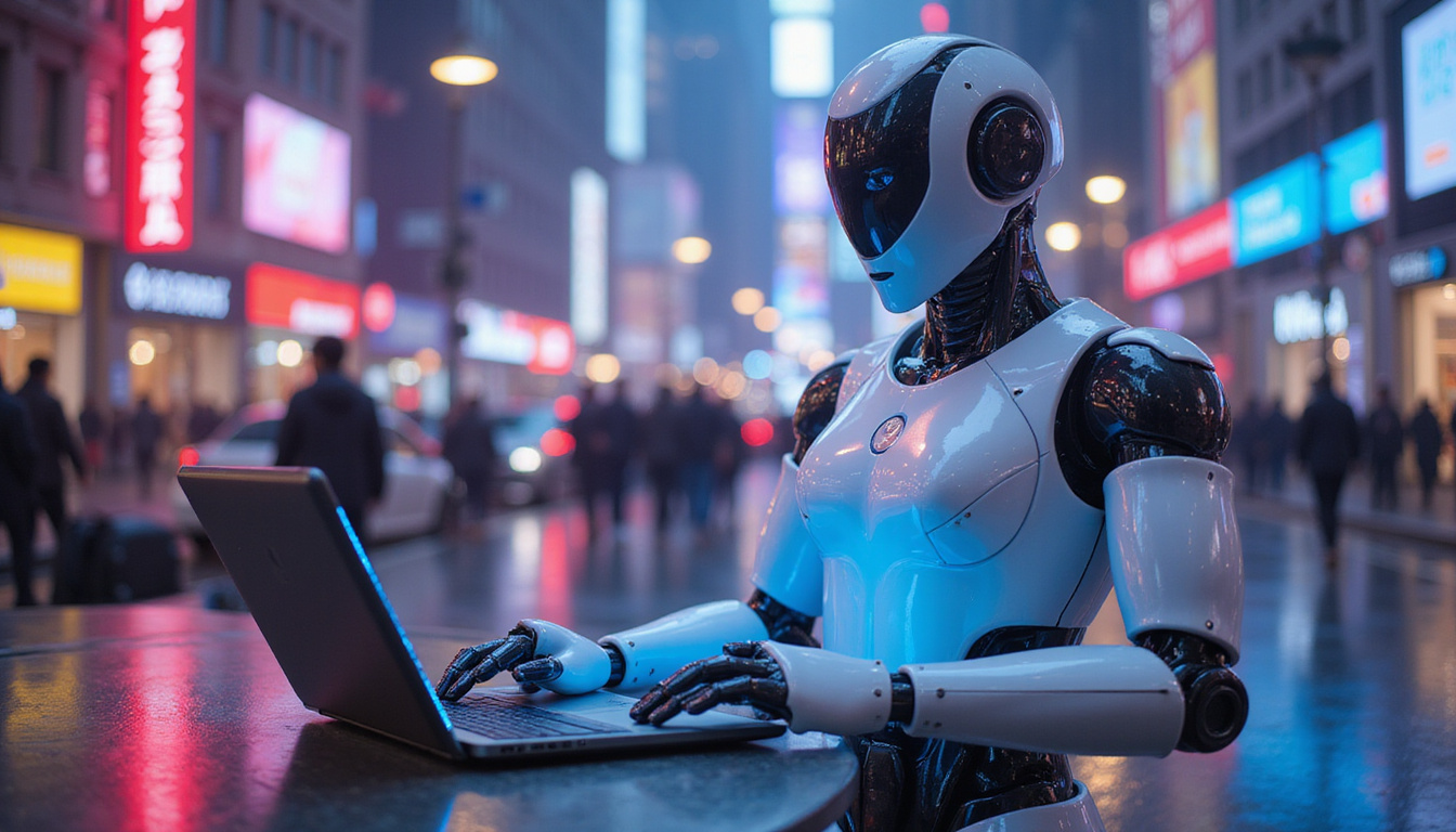  AI-powered marketing robot crafting personalized campaigns, vibrant colors, dynamic futuristic cityscape background