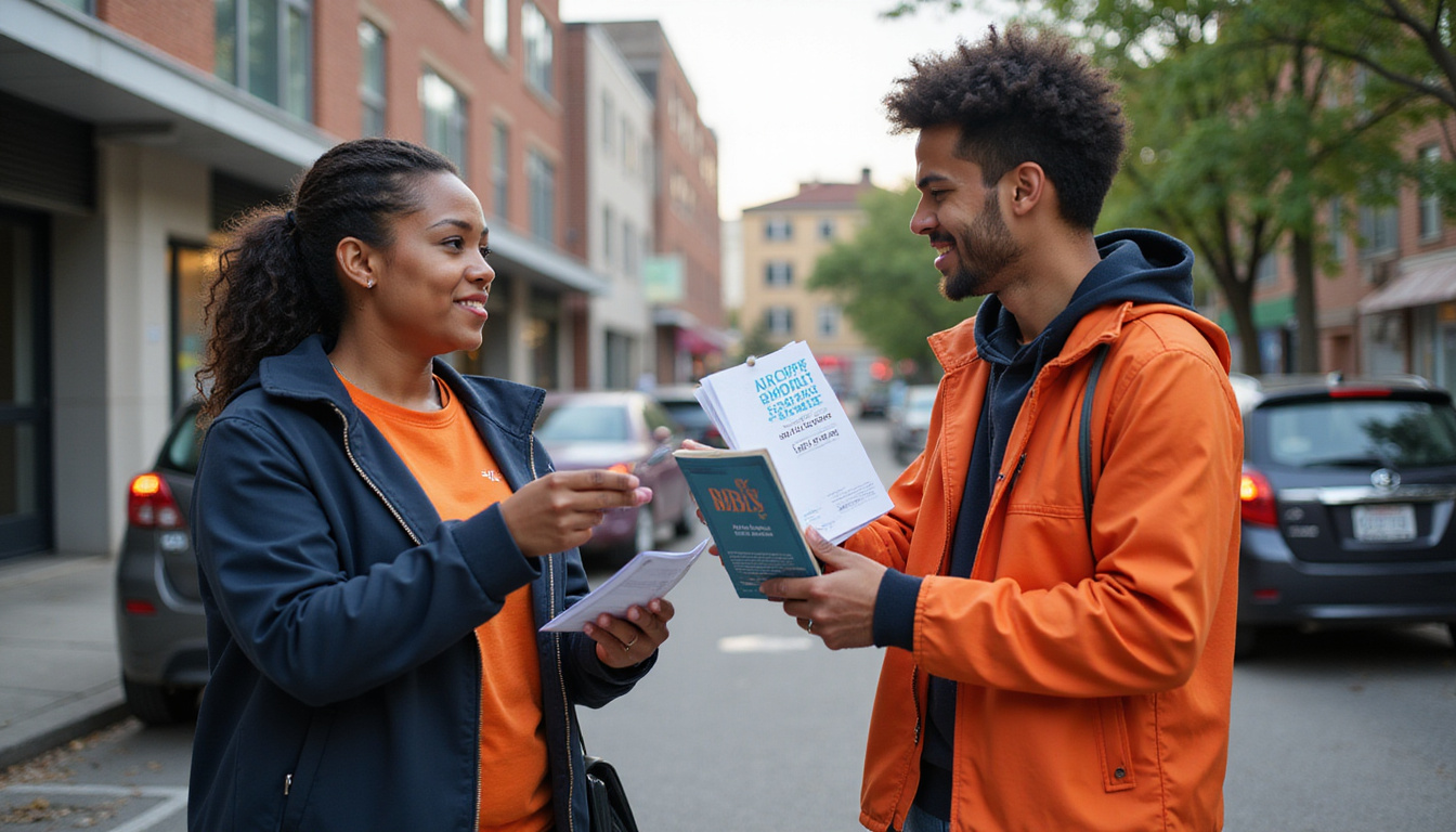  community outreach workers distributing educational materials on alcohol safety, urban neighborhood, vibrant atmosphere