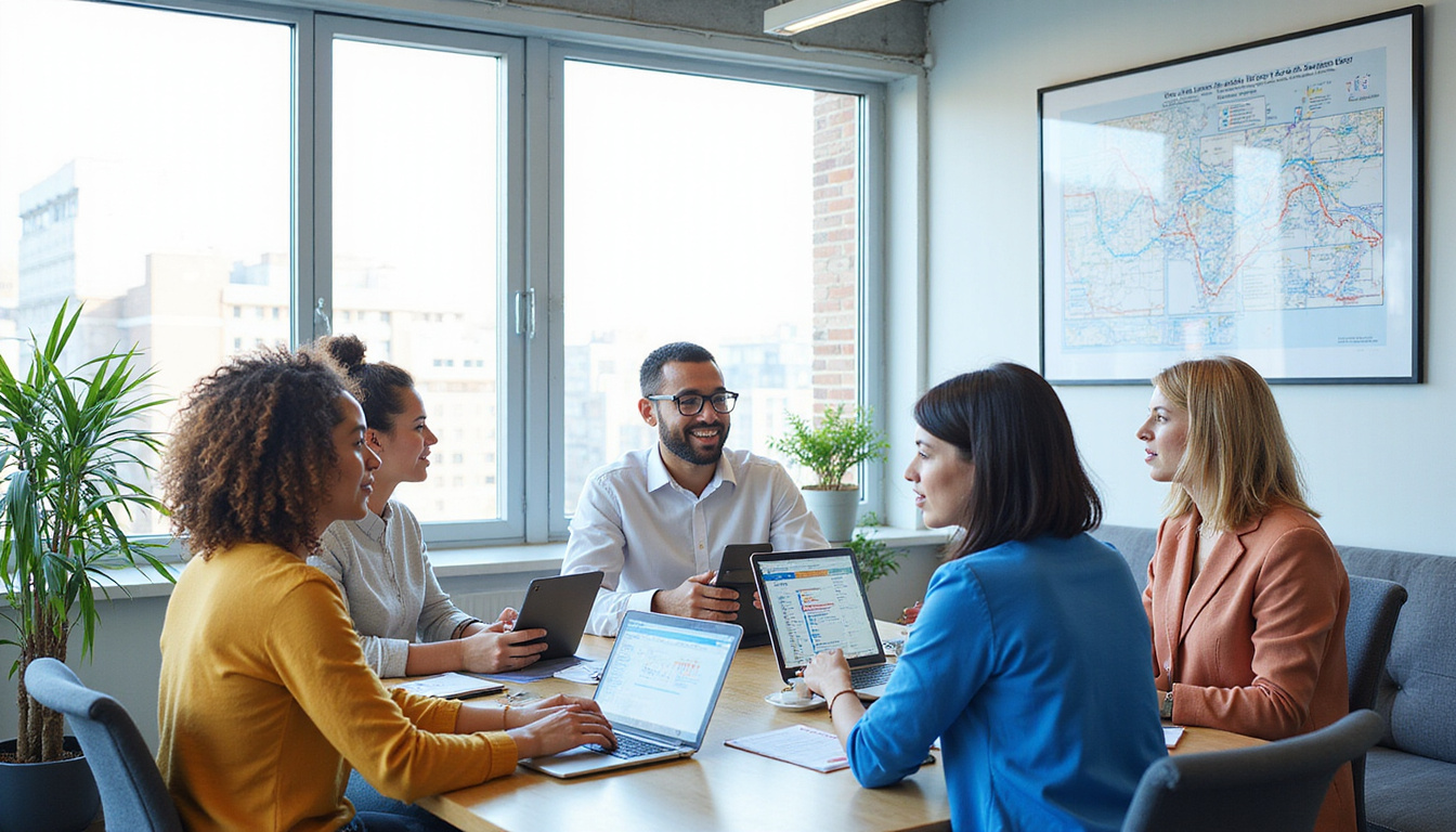 Diverse team reviewing government contracts, modern workspace, bright atmosphere