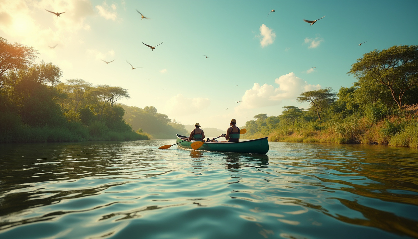  Canoe drifting on the Nile River, close-up of exotic animals, lush greenery, African safari wilderness
