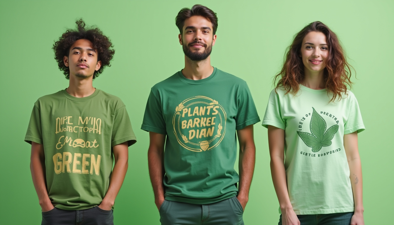  Fashionable young adults wearing soft green plant-based fabric tees, urban sustainable lifestyle backdrop