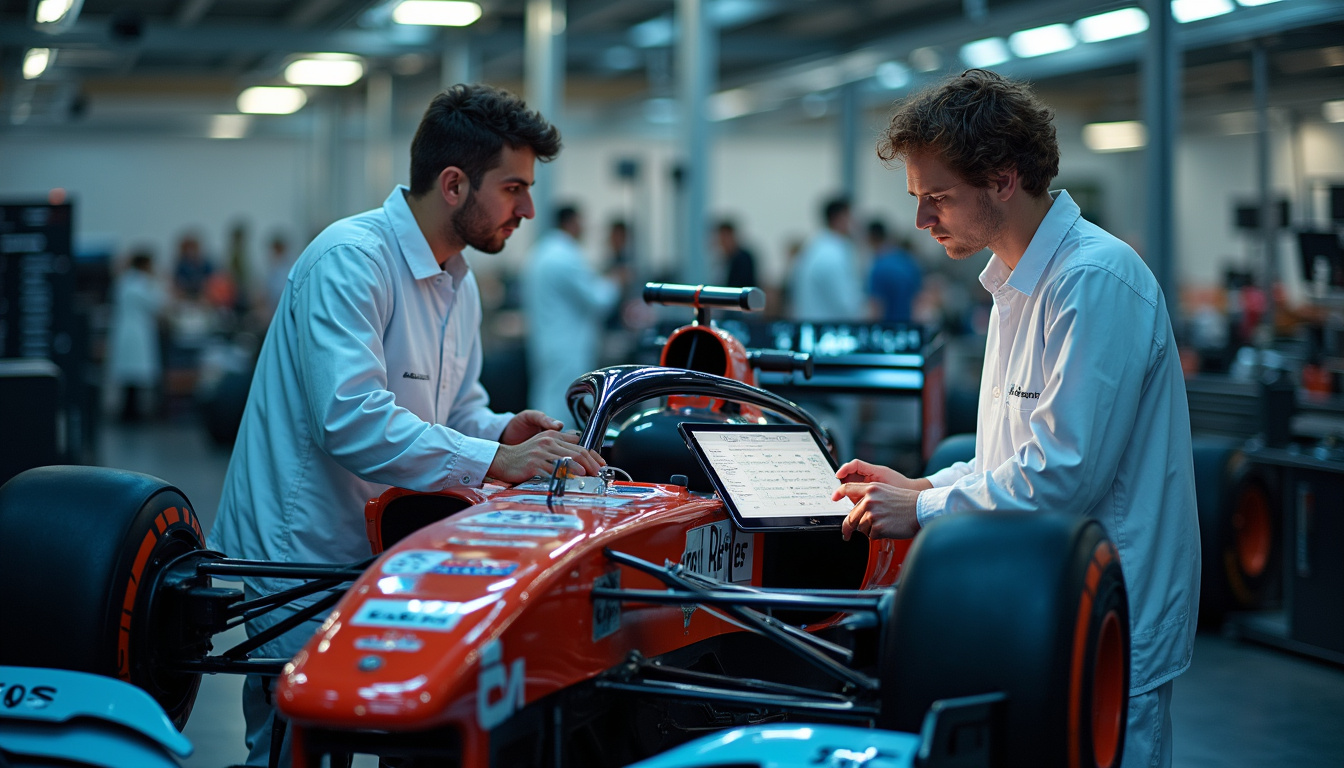  engineers analyzing prototype racecar telemetry, advanced machinery, intense focus in high-tech garage